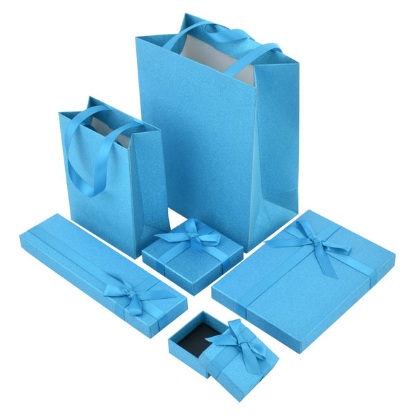 Elegant Light Blue Color Jewelry Package Cardboard Box With Pouch And Paper Bag