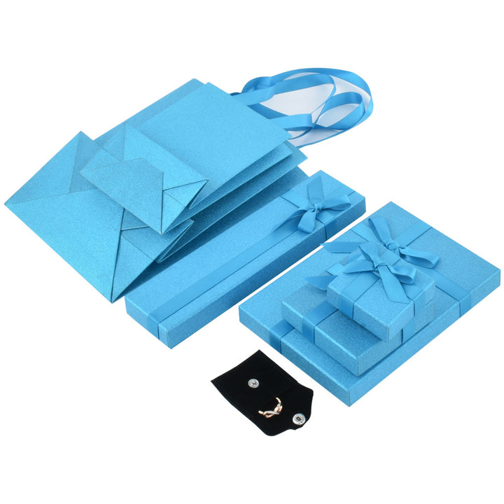 Elegant Light Blue Color Jewelry Package Cardboard Box With Pouch And Paper Bag