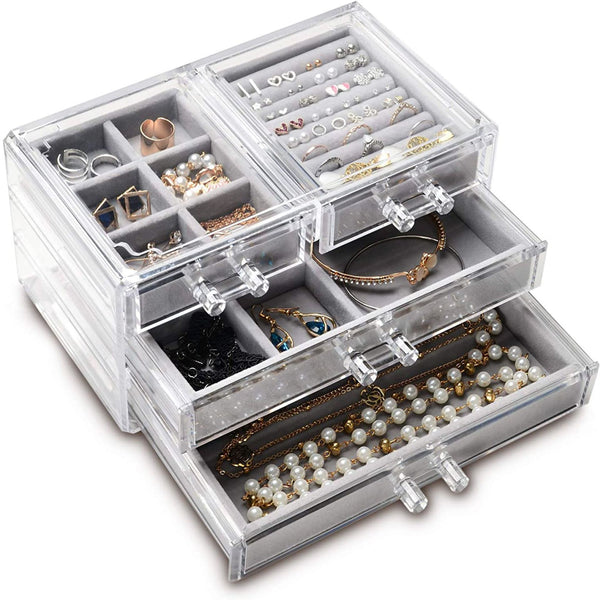 Grey Flannel Jewelry Box Velvet Acrylic 2345 Layer Drawer Ring Necklace Jewelry Finishing Box Transparent