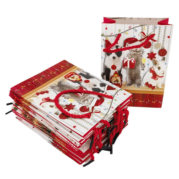 12pcs Christmas Holiday Paper Gift Bags with Handles, Cat and Dog Patterns for Christmas Snacks, Candies, Holiday Party Supplies Gifts (12*16*6.5cm)