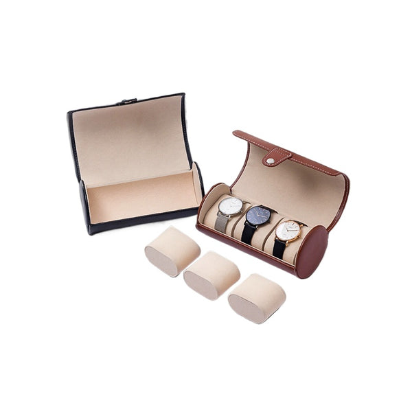 3-digit Round Watch Box Wrist High-end Leather Watch Box Fashion High-end Watch Storage Box Cross-border Wholesale